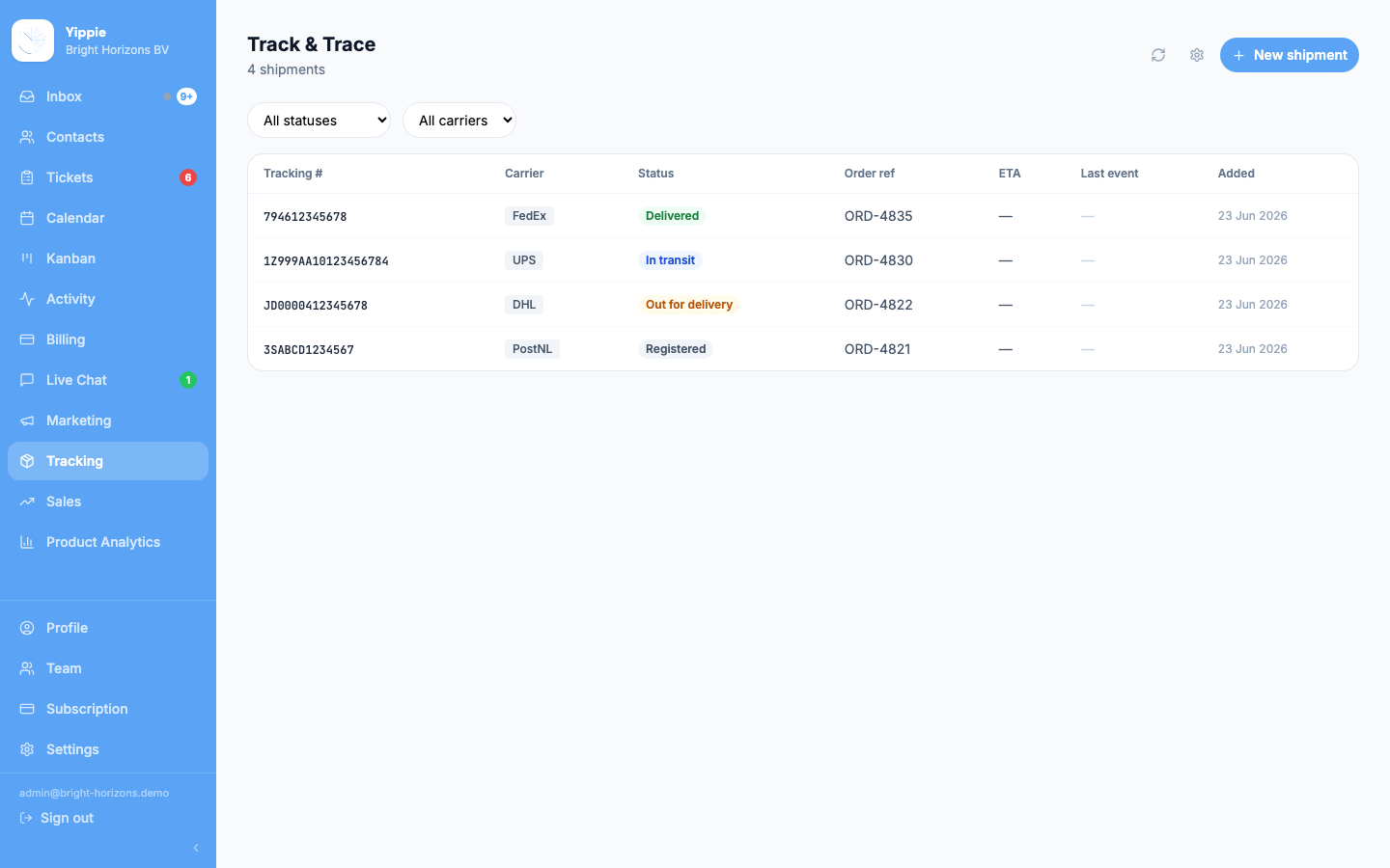 Tracking: shipments in one view screenshot